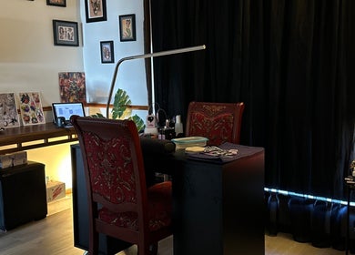 Chic nail station at Redemption Nails & Beauty in Narangba, Queensland, AU, showcasing welcoming decor.