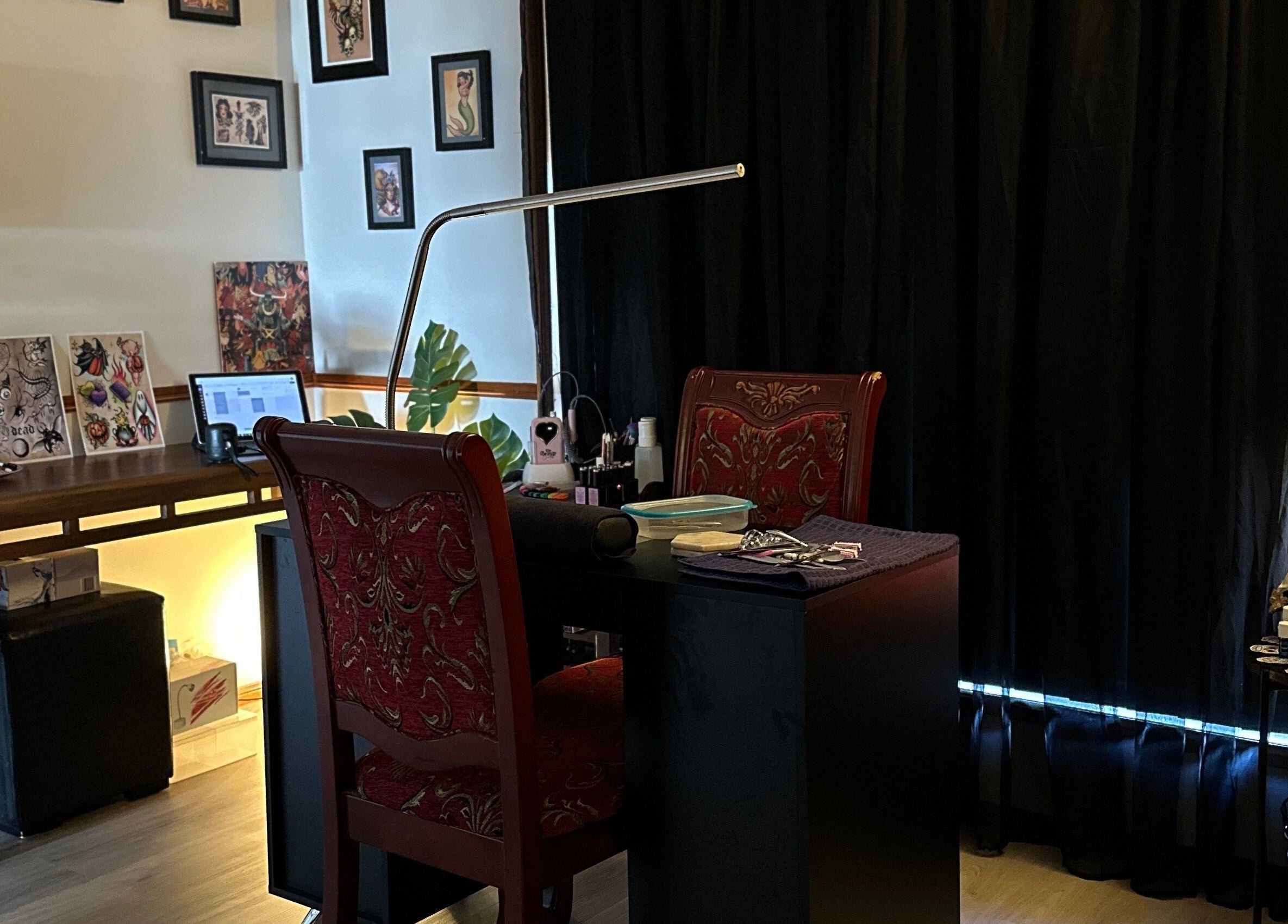 Chic nail station at Redemption Nails & Beauty in Narangba, Queensland, AU, showcasing welcoming decor.