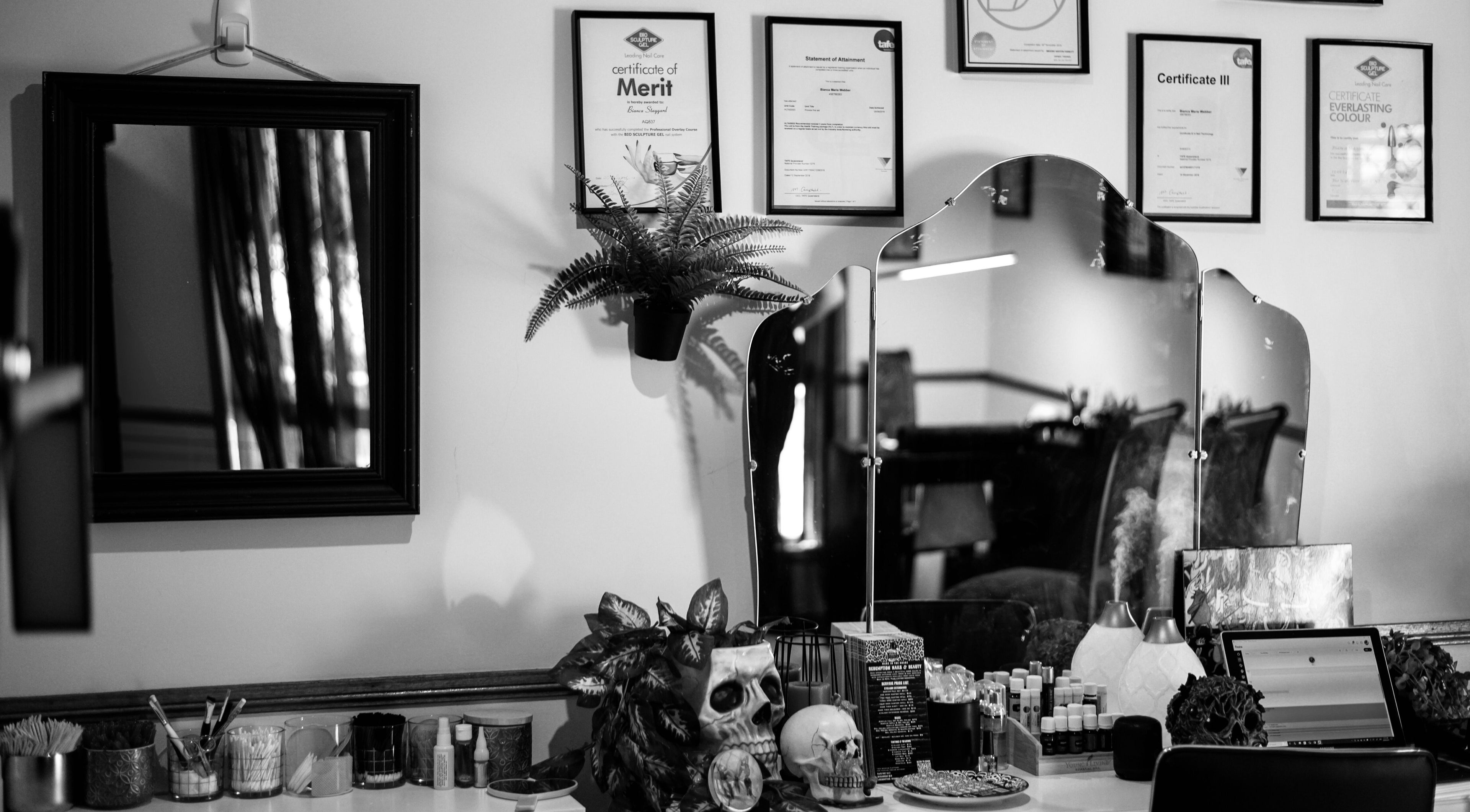 Chic beauty station at Redemption Nails & Beauty, Narangba, Queensland, AU with mirrors and decor.