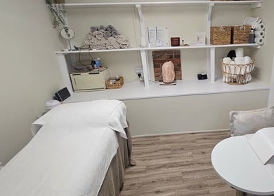 Calm therapy room at Grove House Beauty in Misterton, England, GB, featuring a cozy treatment bed and soft lighting.