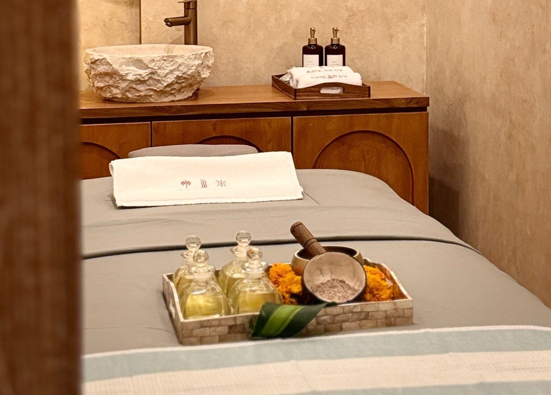 Relaxing spa room view at The Rustic Sun Spa - Berawa, Bali, Bali, ID, showcasing natural elements and decor.