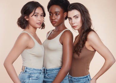 Trio showcasing beauty in neutral tones at Emma Combe Hair, North Berwick, Scotland, GB.
