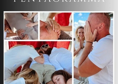 Group relaxation therapy session at Energoterapija, Rīga, LV with participants in a serene setting.