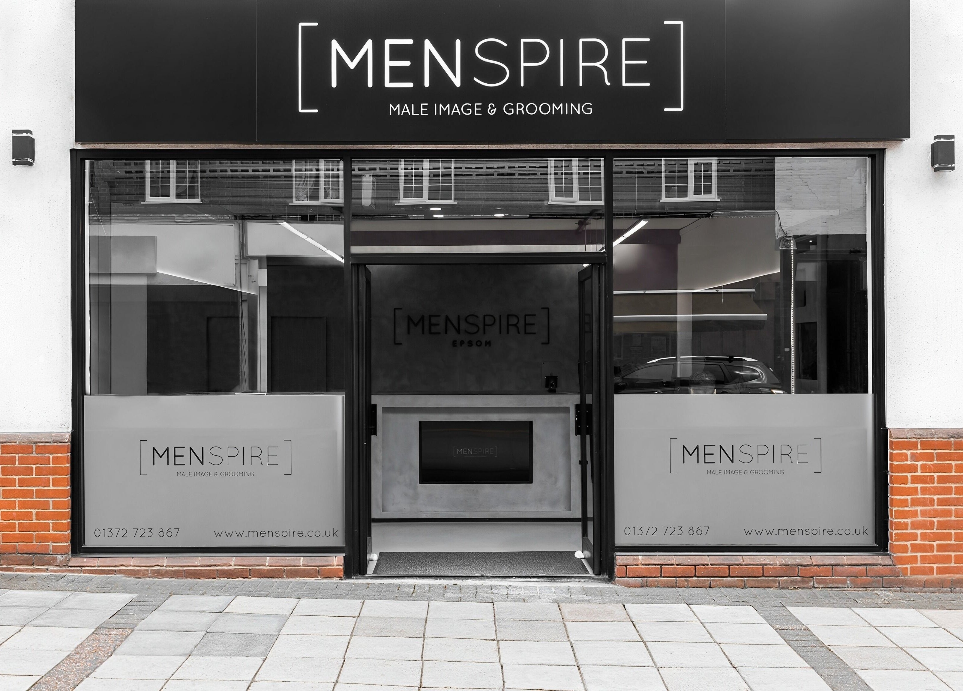 Street view of Menspire Epsom entrance, a premier grooming venue in Epsom, England, GB.
