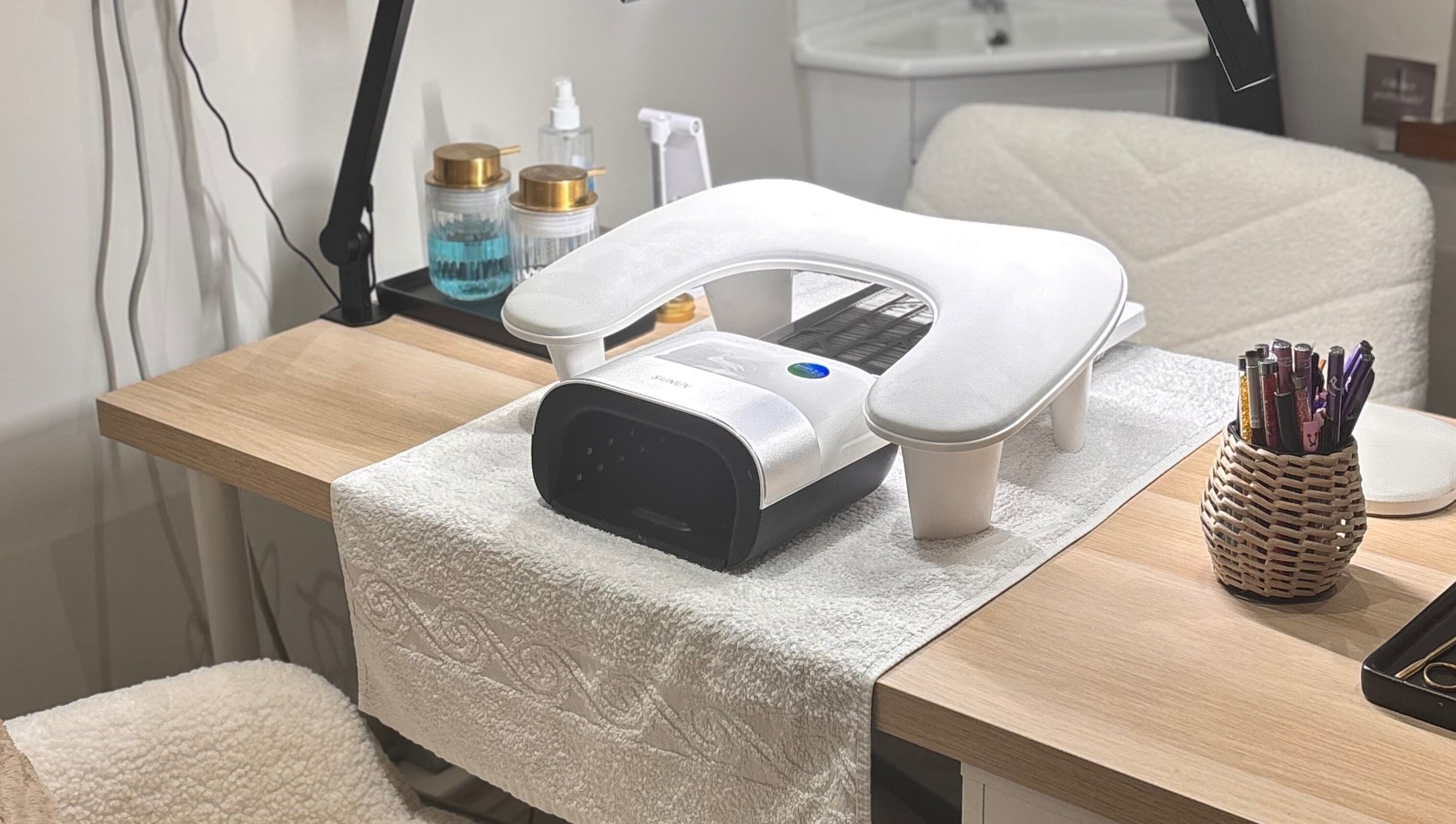 Manicure station with modern equipment at Refining Beauty, Whickham, England, GB showcasing premium service.