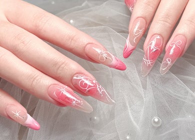 Elegant pink nail art at Woo Salon Studio in Arcadia, California, US.