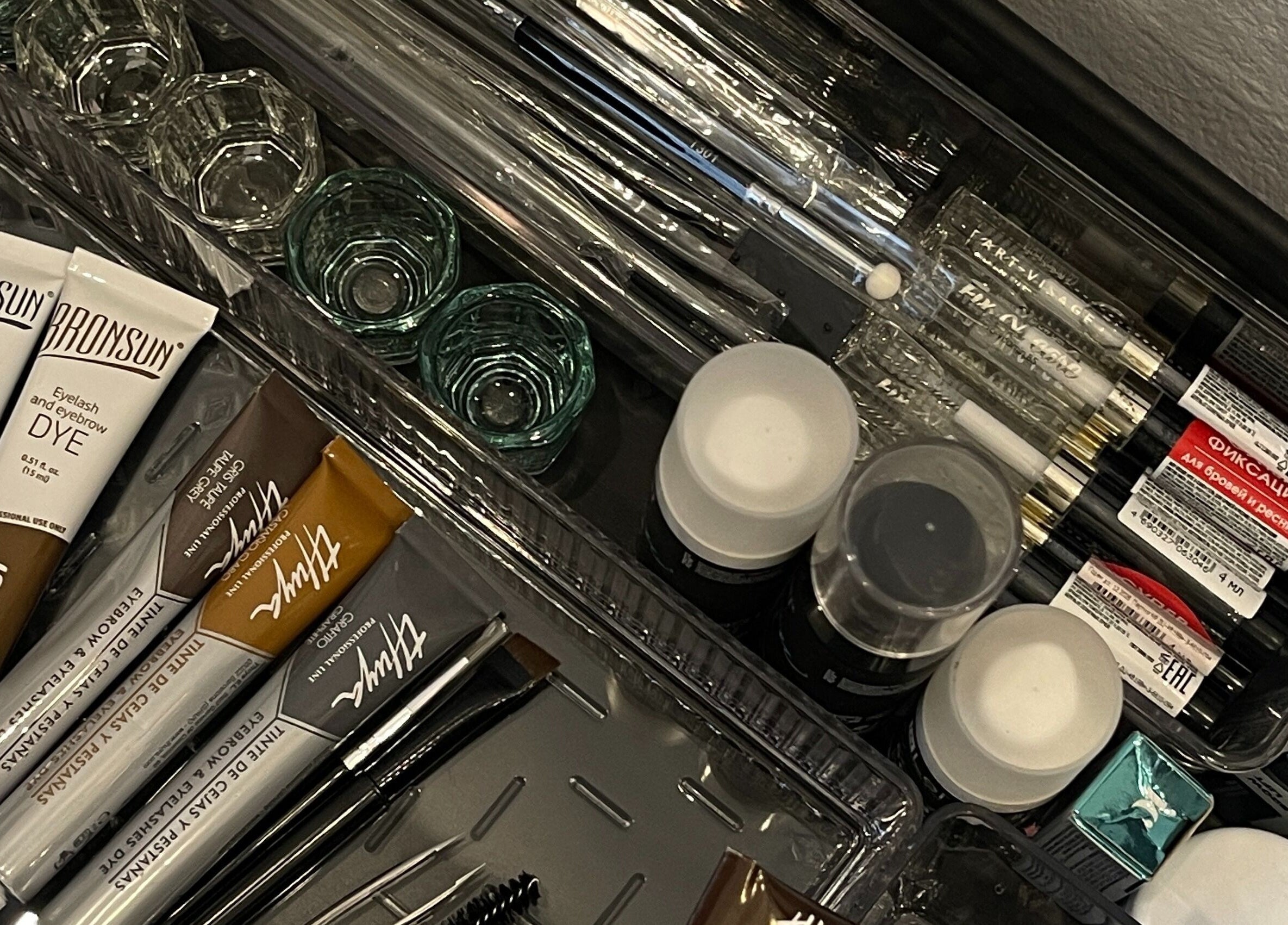 BrowGal beauty tools and products neatly displayed at BrowGal, Hà Nội, Hà Nội, VN.