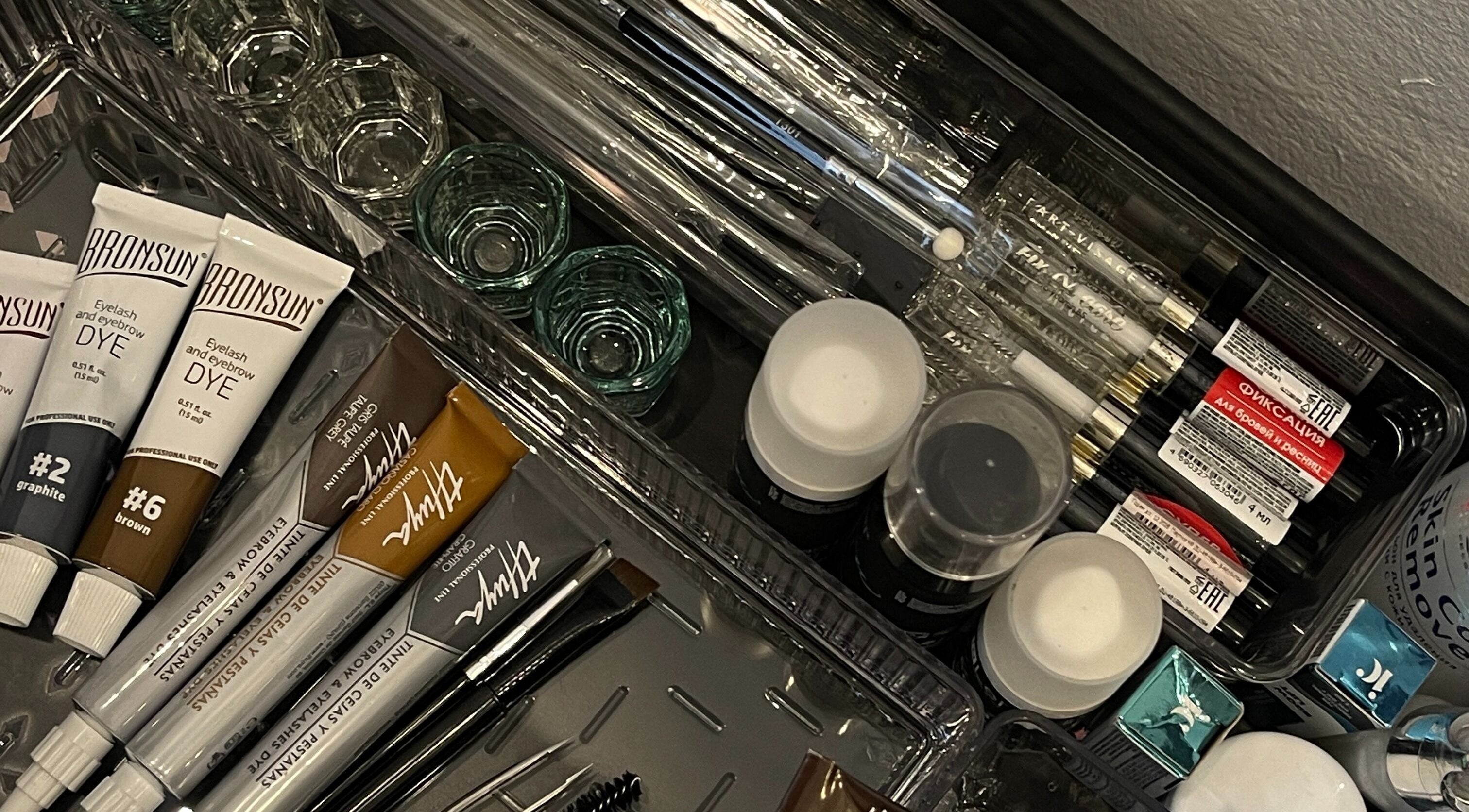 BrowGal beauty tools and products neatly displayed at BrowGal, Hà Nội, Hà Nội, VN.