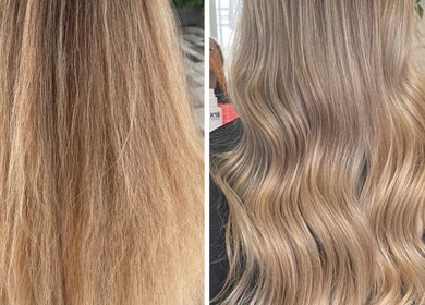 Before and after hair transformation at Bouma hair boutique, Nicosia, Lefkosia, CY with smooth, glossy results.