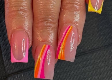 Colorful nail art design at Bee’s Beauty, Coventry, England, GB.