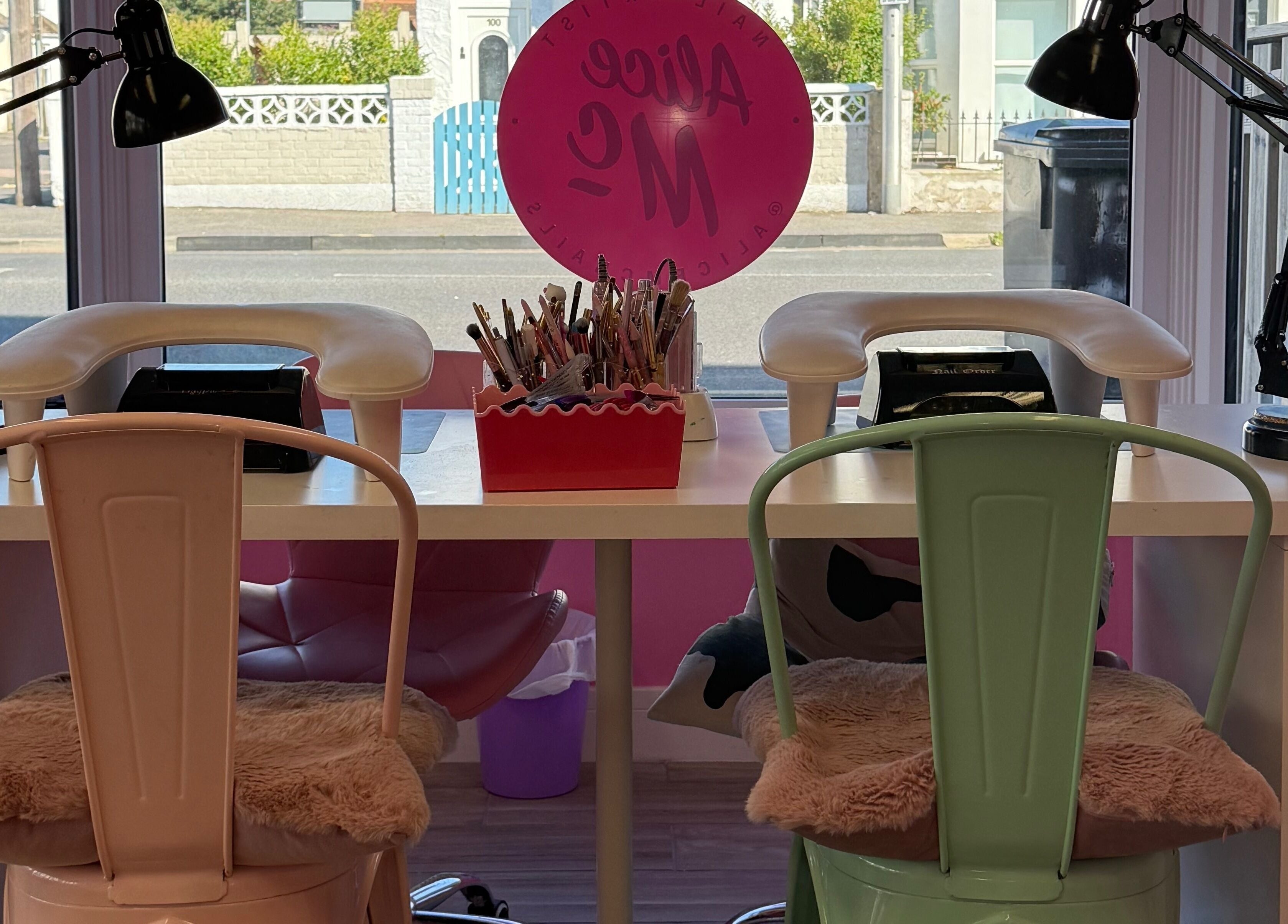 Cozy nail station at Nails With Soph in Eastbourne, England, GB featuring stylish, comfortable seating.