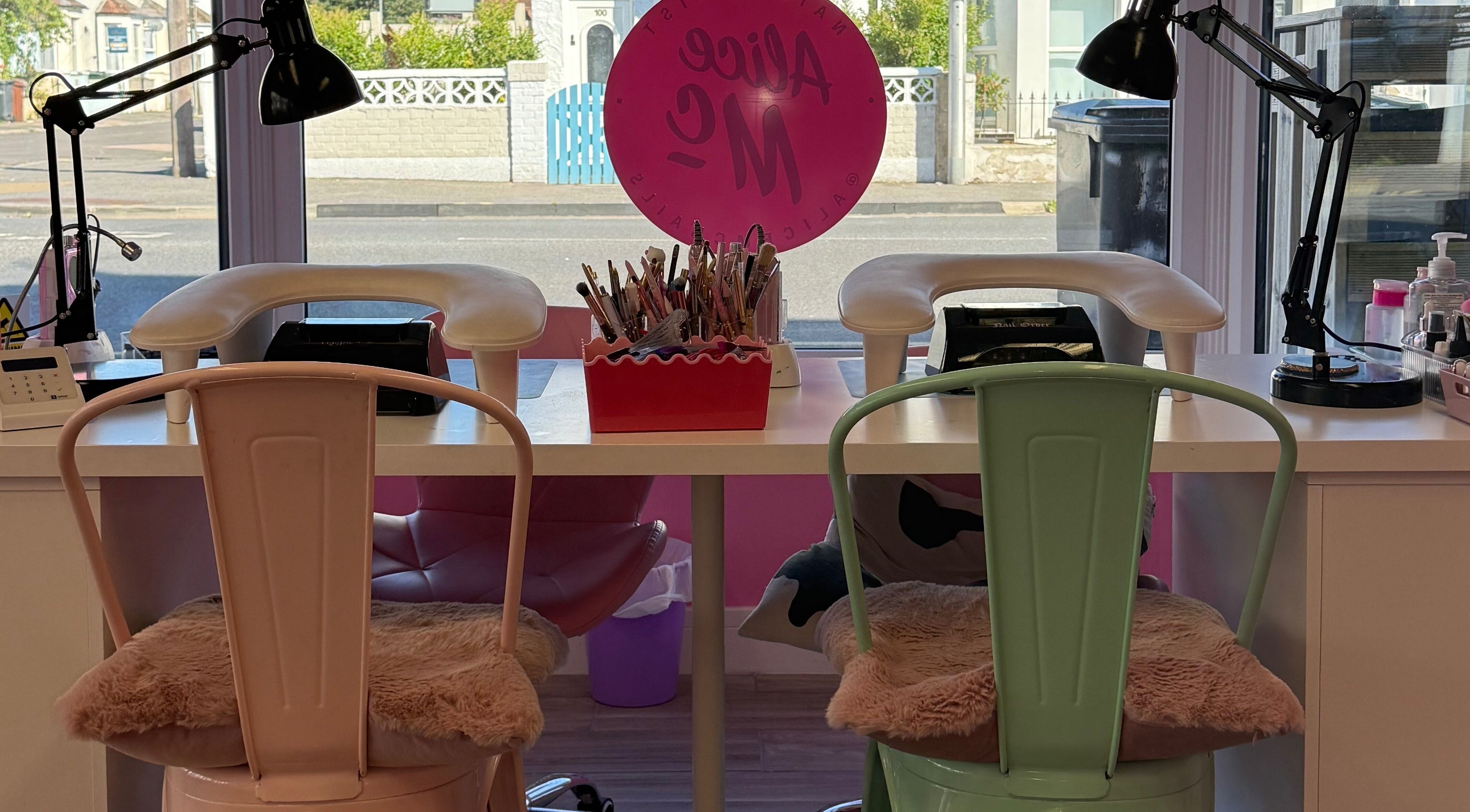 Cozy nail station at Nails With Soph in Eastbourne, England, GB featuring stylish, comfortable seating.