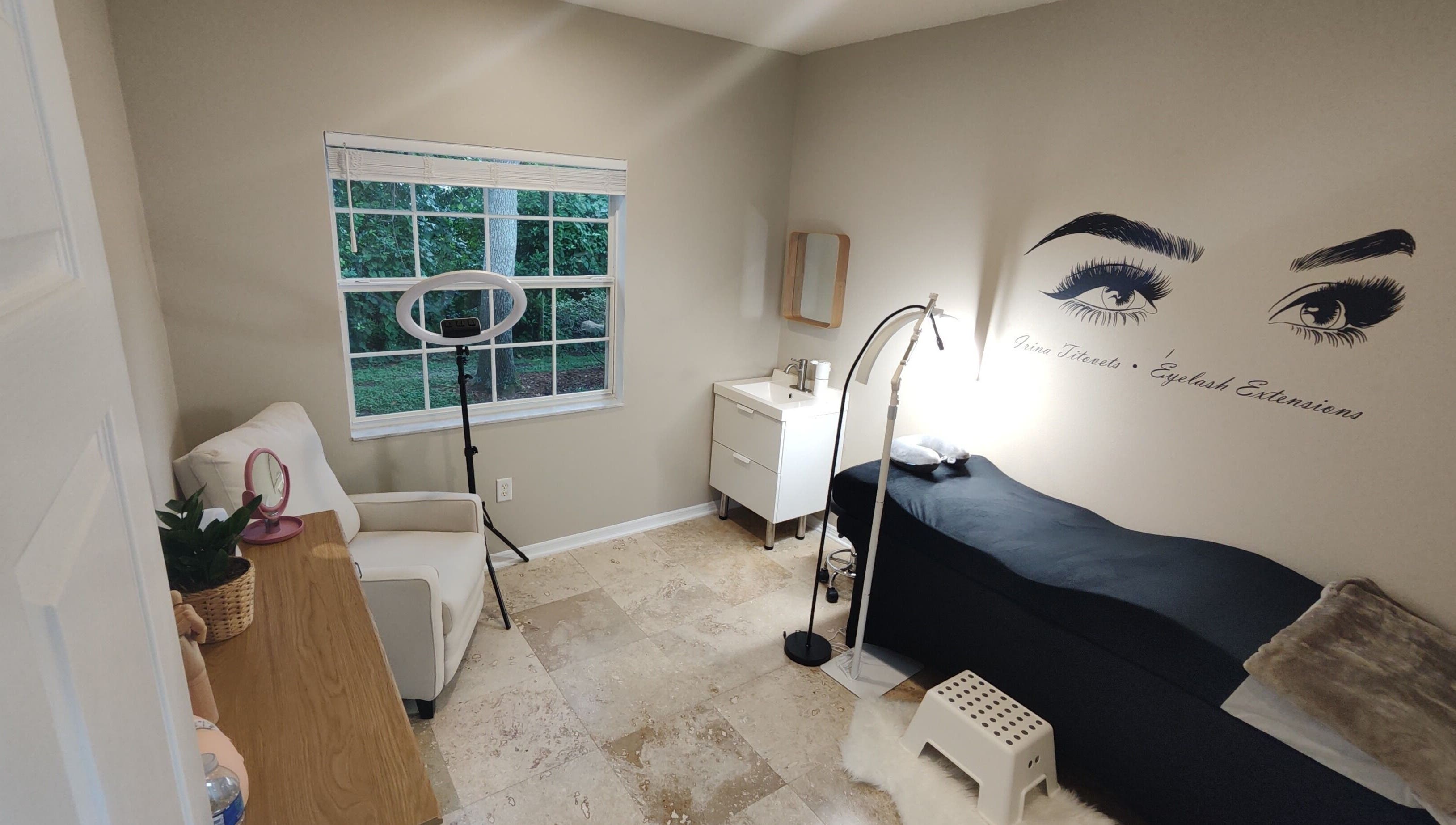 Cozy interior of Irina Titovets • Eyelash Extensions in Lutz, Florida, US, showcasing beauty treatment setup.