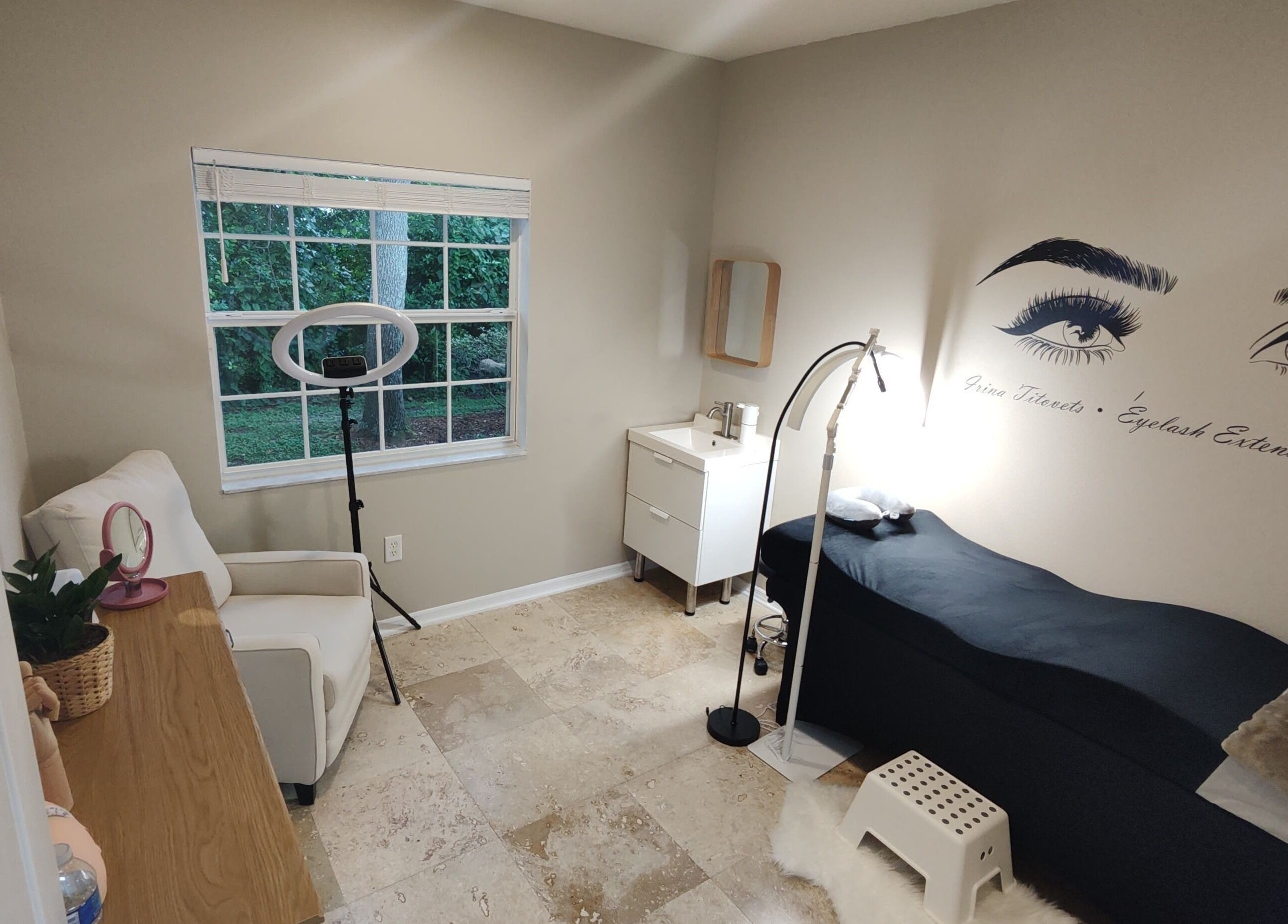 Cozy interior of Irina Titovets • Eyelash Extensions in Lutz, Florida, US, showcasing beauty treatment setup.