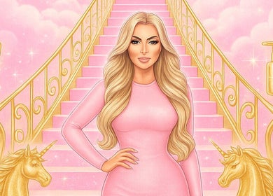 Cece Mol Beauty in York, England: Luxurious pink and gold aesthetic with a figure on ornate staircase.