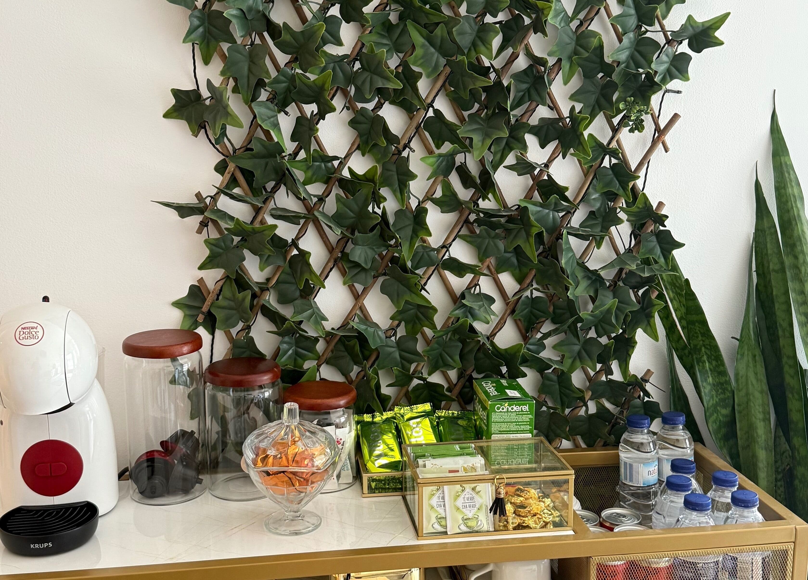 Cantinho de café e snacks em Kátia Gonçalves, Almada, Setúbal, PT, com decoração de plantas trepadeiras.