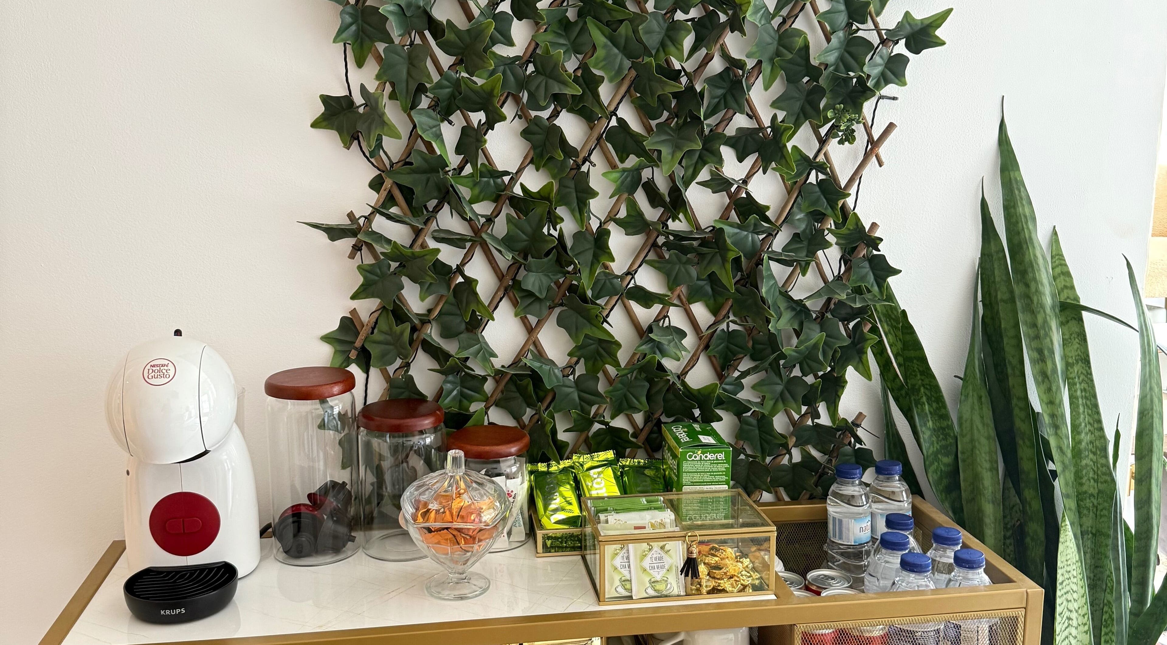 Cantinho de café e snacks em Kátia Gonçalves, Almada, Setúbal, PT, com decoração de plantas trepadeiras.