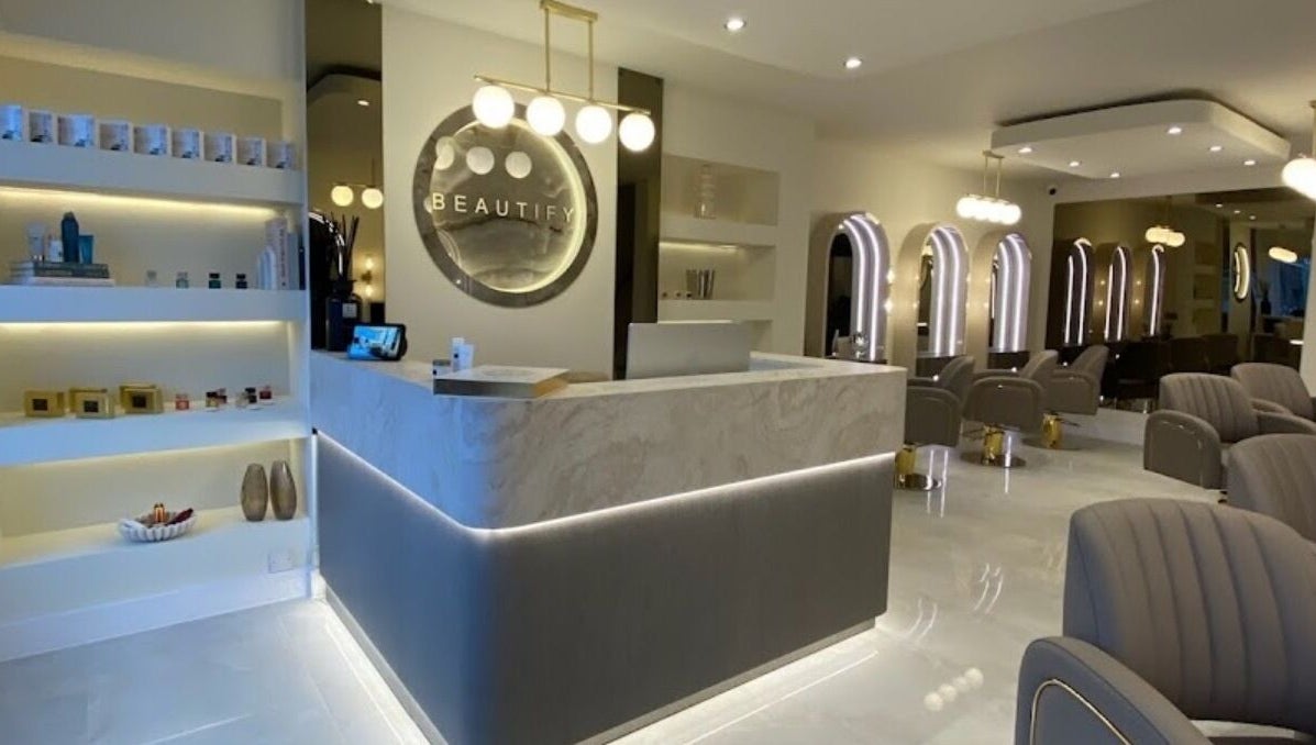 Modern reception at Hair with Geo, Clayton-le-woods, England, GB showcasing elegant interior design.