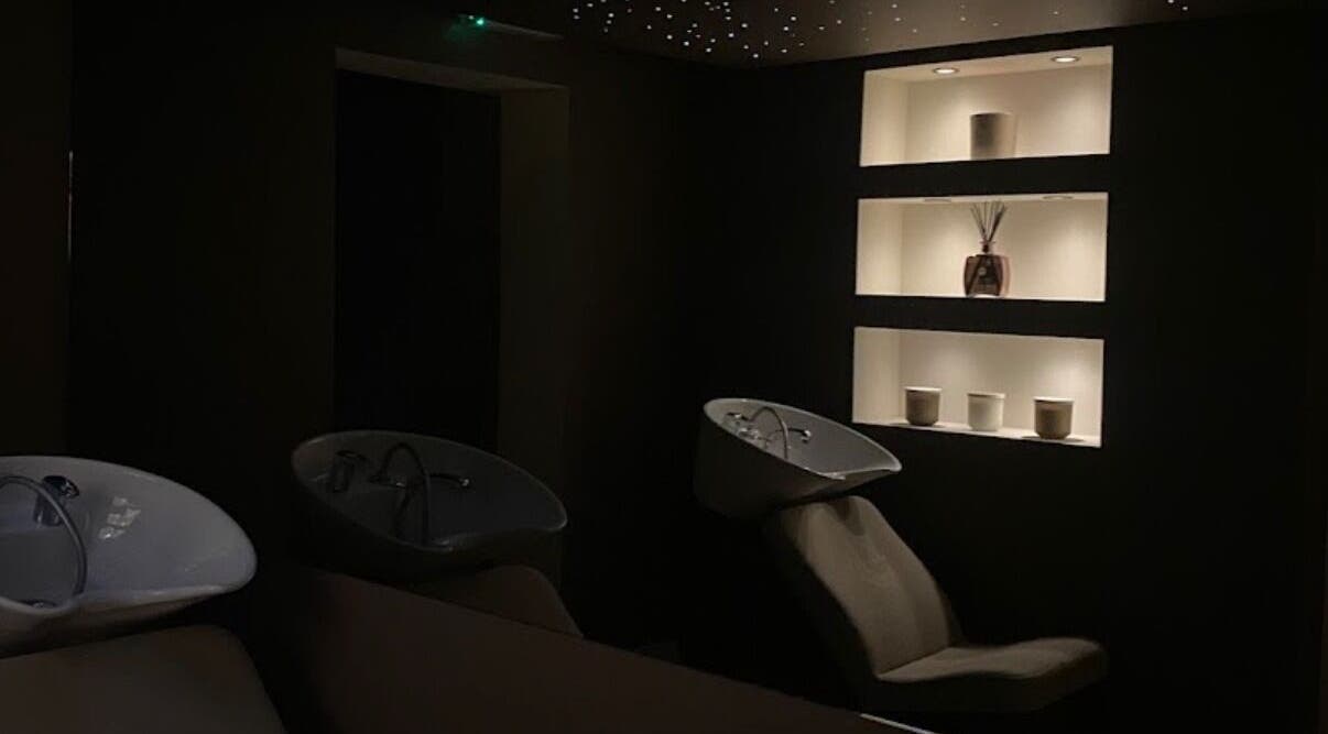 Elegant shampoo stations in serene lighting at Hair with Geo, Clayton-le-woods, England, GB.