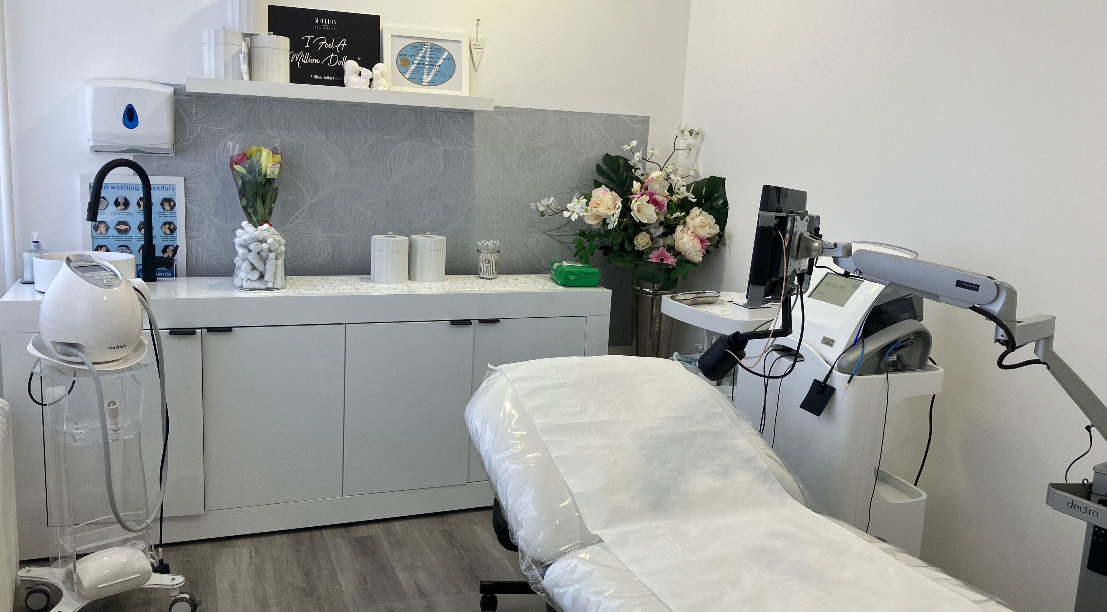 Relaxing beauty treatment room at Anja Gosha, Cardiff, Wales, GB with modern equipment and floral decor.