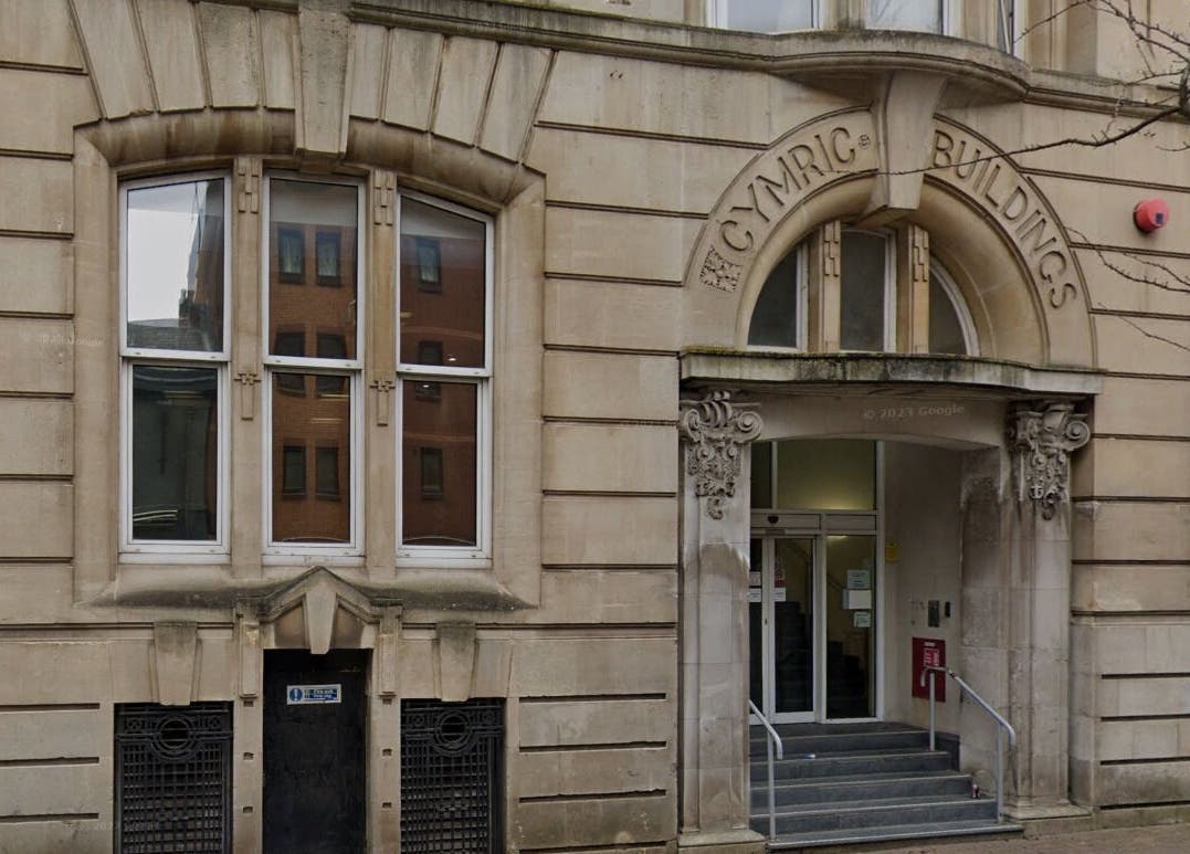 Historic building entrance of Anja Gosha in Cardiff, Wales, GB, showcasing elegant architecture.