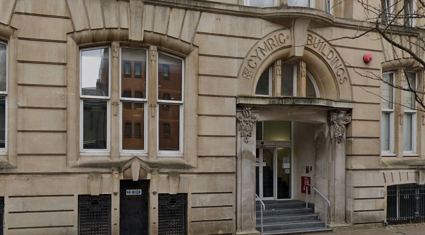 Historic building entrance of Anja Gosha in Cardiff, Wales, GB, showcasing elegant architecture.