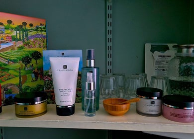 Tranquility Massage Therapy in La, England offers premium skincare products and relaxation essentials on display.
