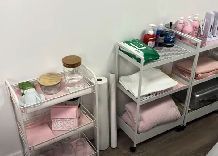 Supplies at Iris Beauty Studio Salon in Perth, Mirrabooka, Western Australia, AU, neatly arranged on shelves.