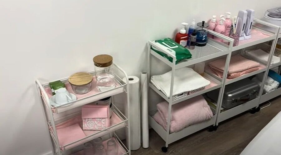 Supplies at Iris Beauty Studio Salon in Perth, Mirrabooka, Western Australia, AU, neatly arranged on shelves.