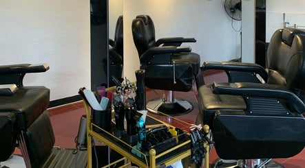 Black leather chairs and tools at Black Space Barbershop, Biñan, Calabarzon, PH.