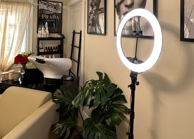 Stylish interior of Ab Lab Hair Boutique at Queens Park, NSW, with modern salon chair and decor.