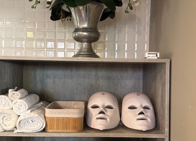Towels and masks on a shelf at Royal Tree Beauty, Potchefstroom, North West, ZA, offering a calming vibe.