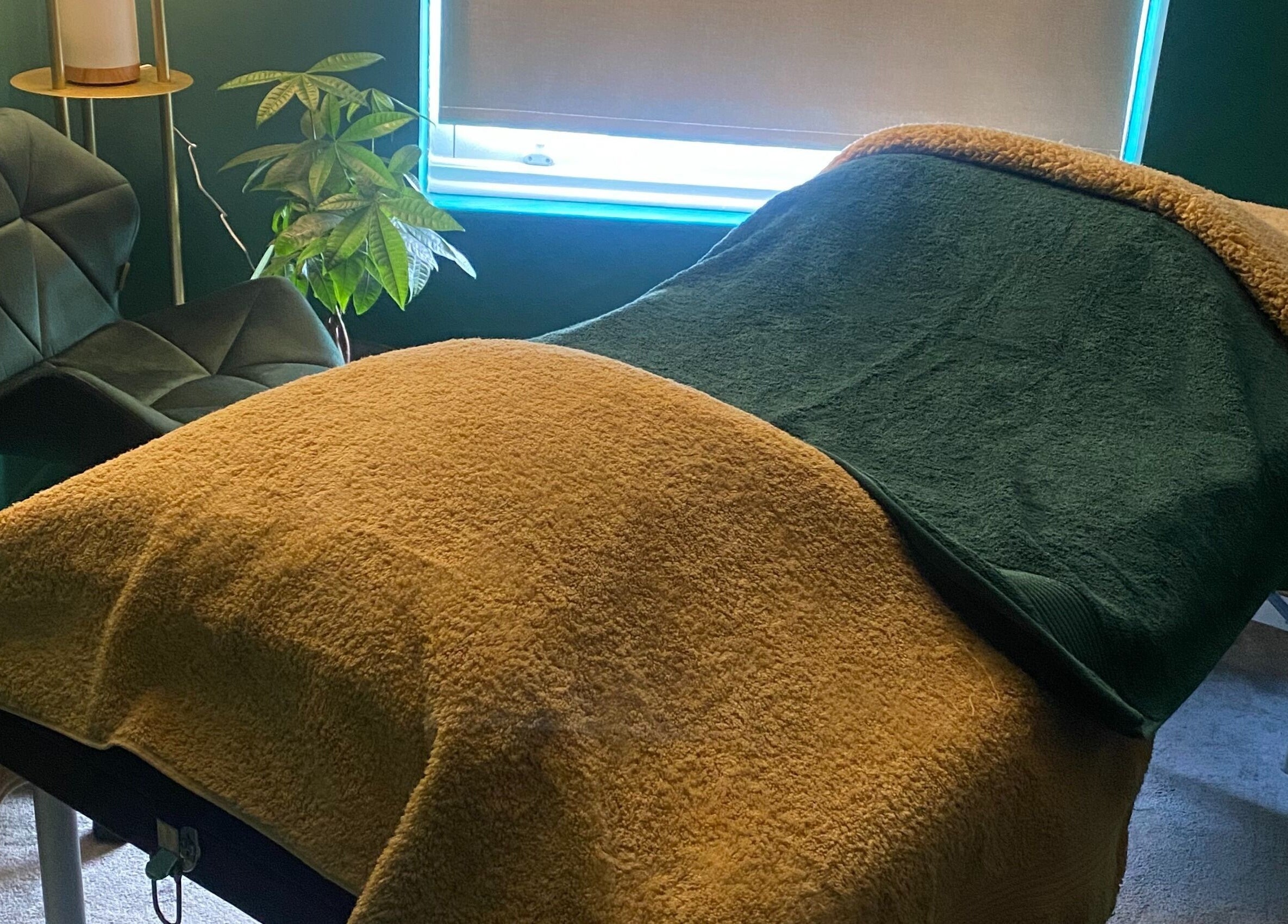 Cozy therapy room at Heeling Palms Reflexology & Holistic Health in Fareham, England, GB featuring a massage table.