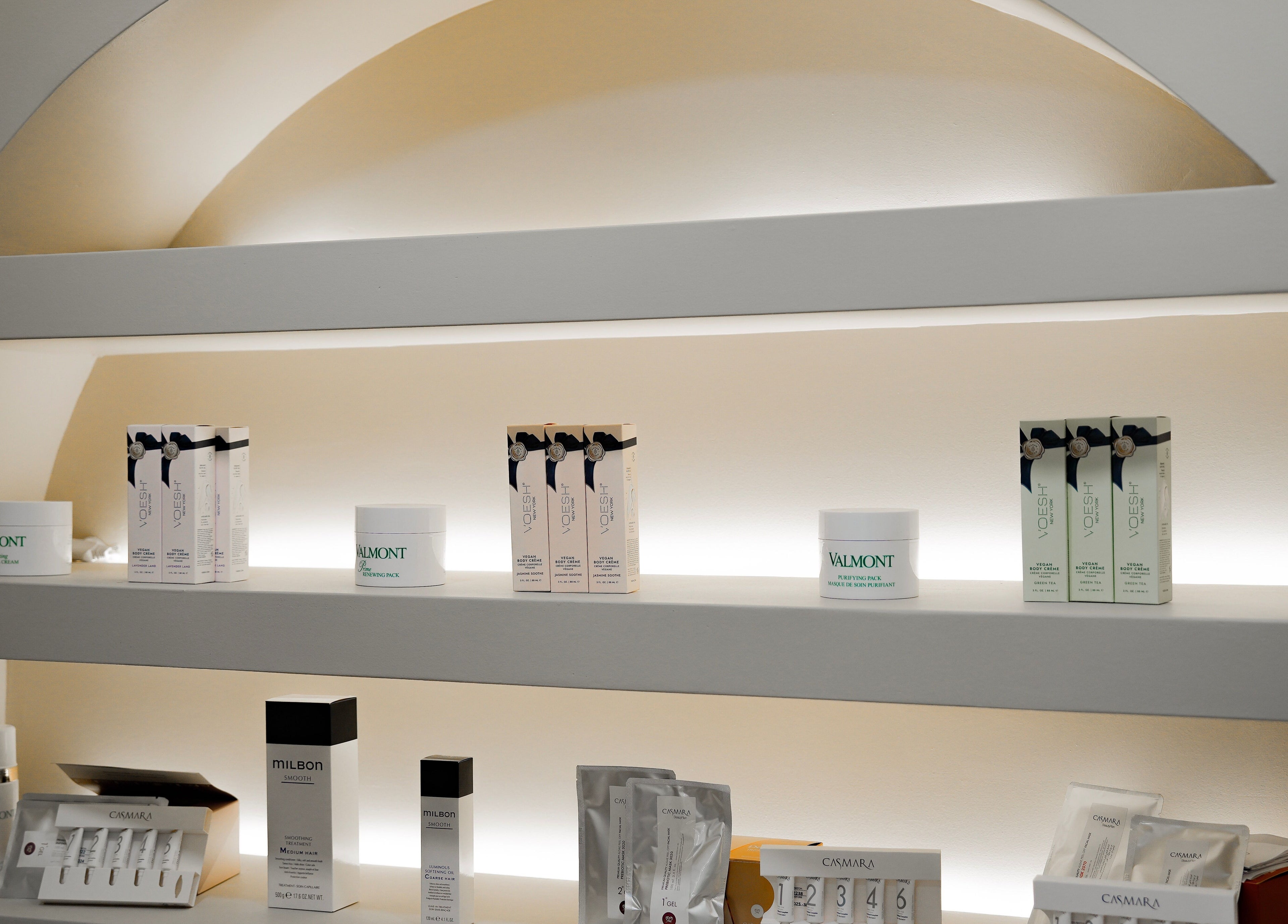 Luxury skincare products displayed at H&K Health Beauty, New York, New York, US.