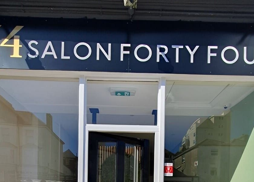 Exterior of Miah’s Aesthetics in Eastbourne, England, GB, showcasing Salon Forty Four entrance.