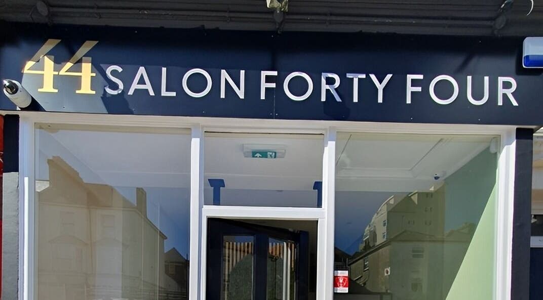 Exterior of Miah’s Aesthetics in Eastbourne, England, GB, showcasing Salon Forty Four entrance.