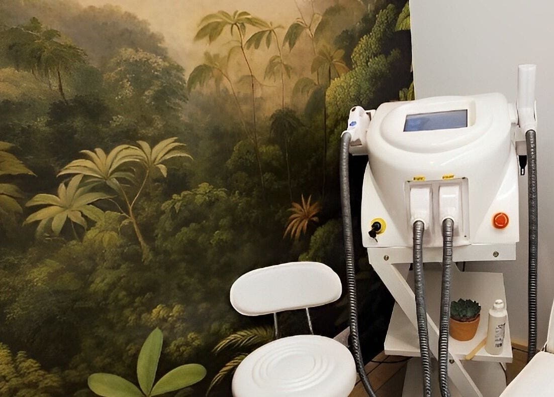 Laser equipment in Miah’s Aesthetics, Eastbourne, England, GB, beside a calming botanical mural.