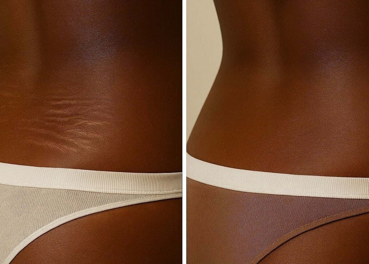 Before and after skin treatment at EnhancedbyMursal, Toronto, Ontario, CA showcasing smoother skin results.