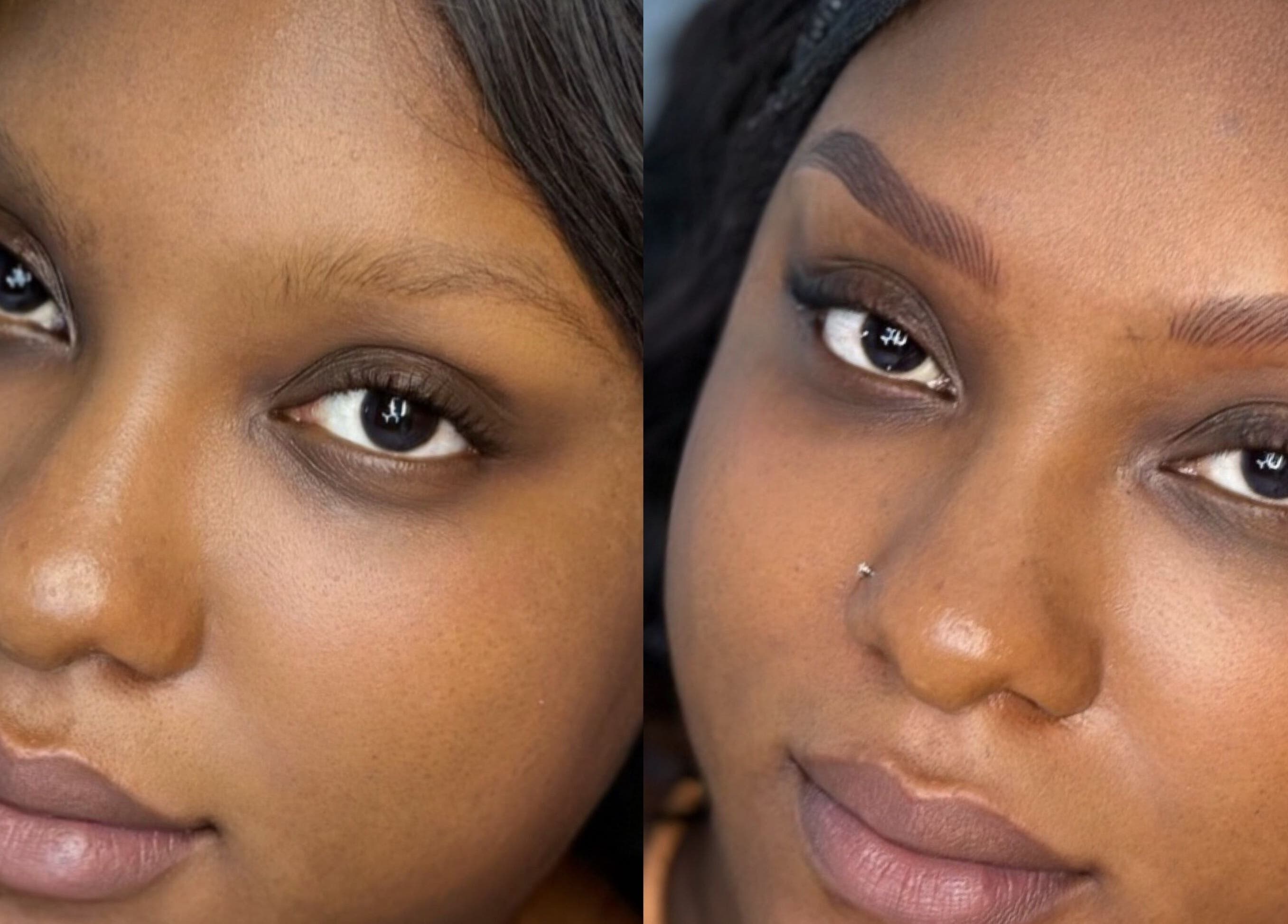 Before and after eyebrow microblading at EnhancedbyMursal in Toronto, Ontario, CA, showcasing stunning results.