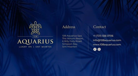 Contact info for 108 Aquarius Spa in Simpson Bay, SX with palm leaf design.