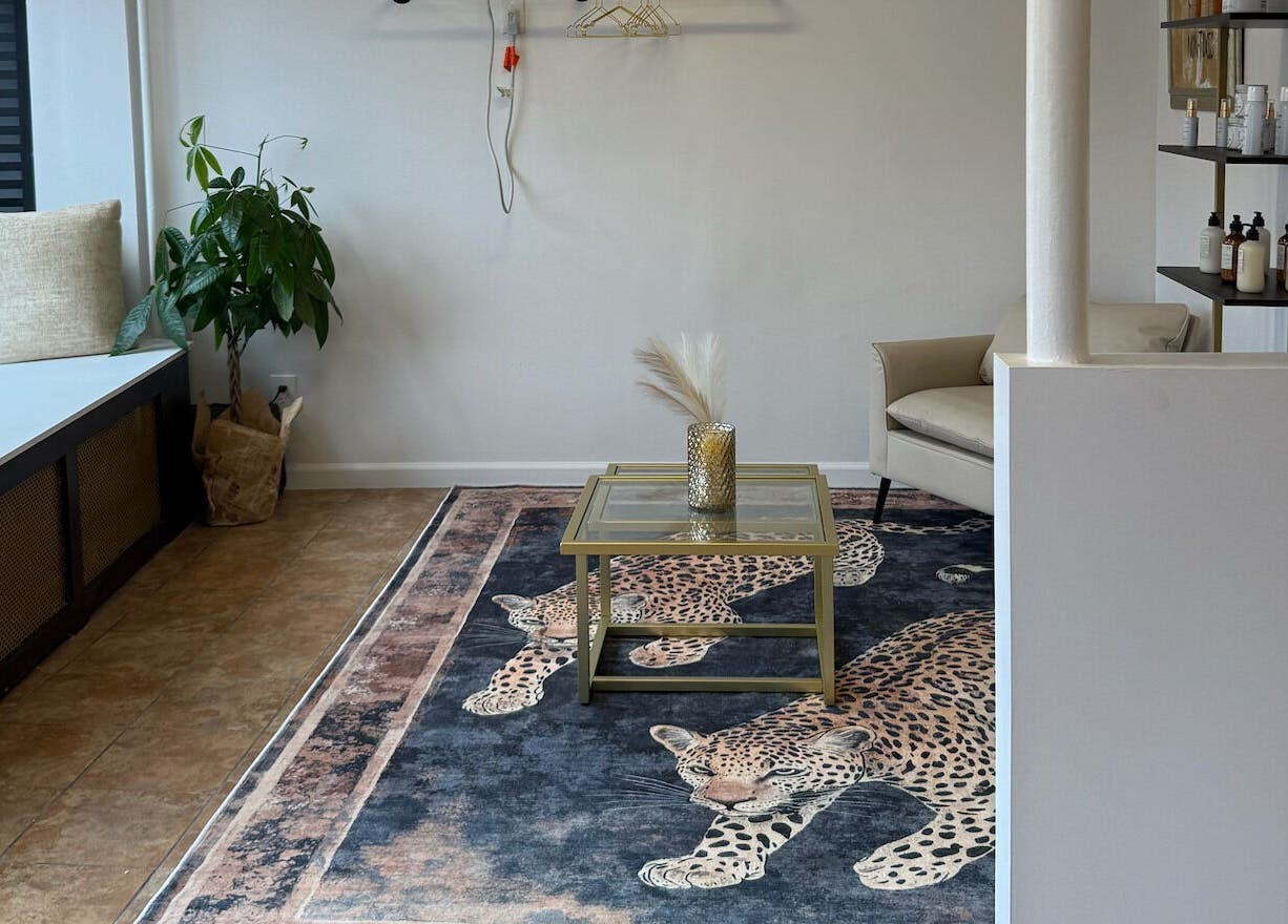Elegant waiting area at Studio Sol, Farmingdale, New York, US, featuring a leopard-themed rug and cozy seating.