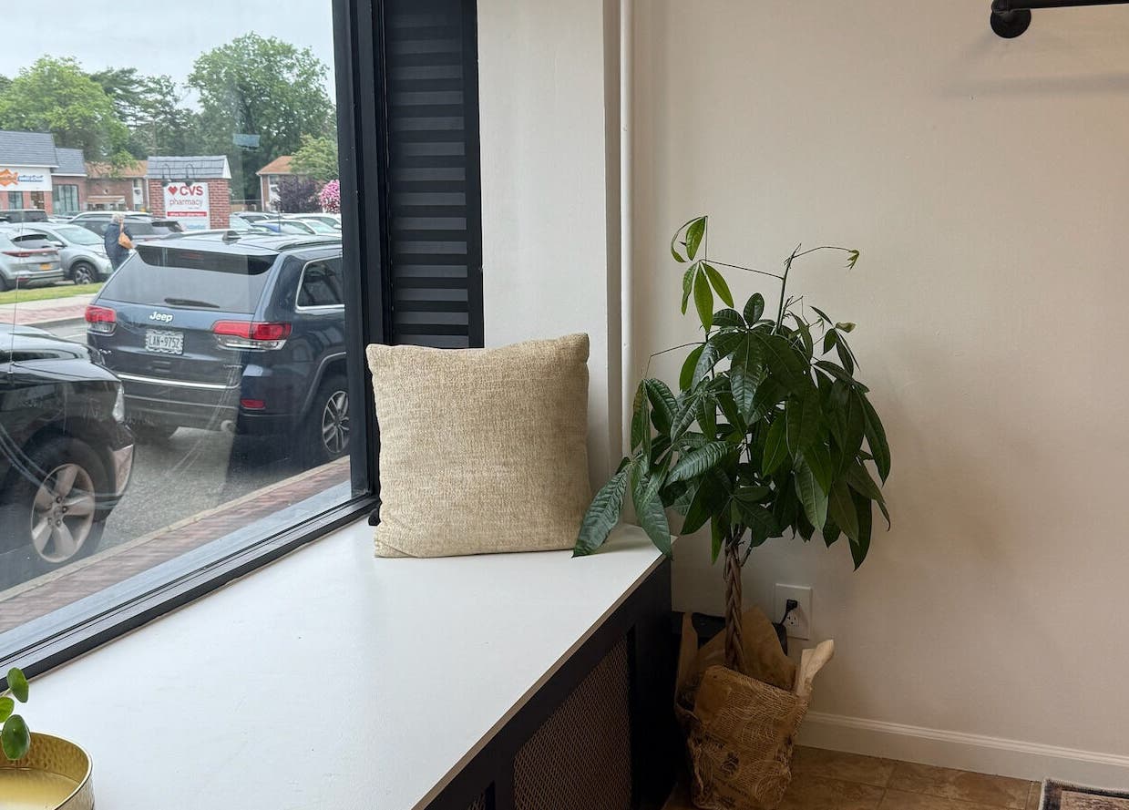 Cozy seating with cushion and plant at Studio Sol in Farmingdale, New York, US, inviting relaxation.