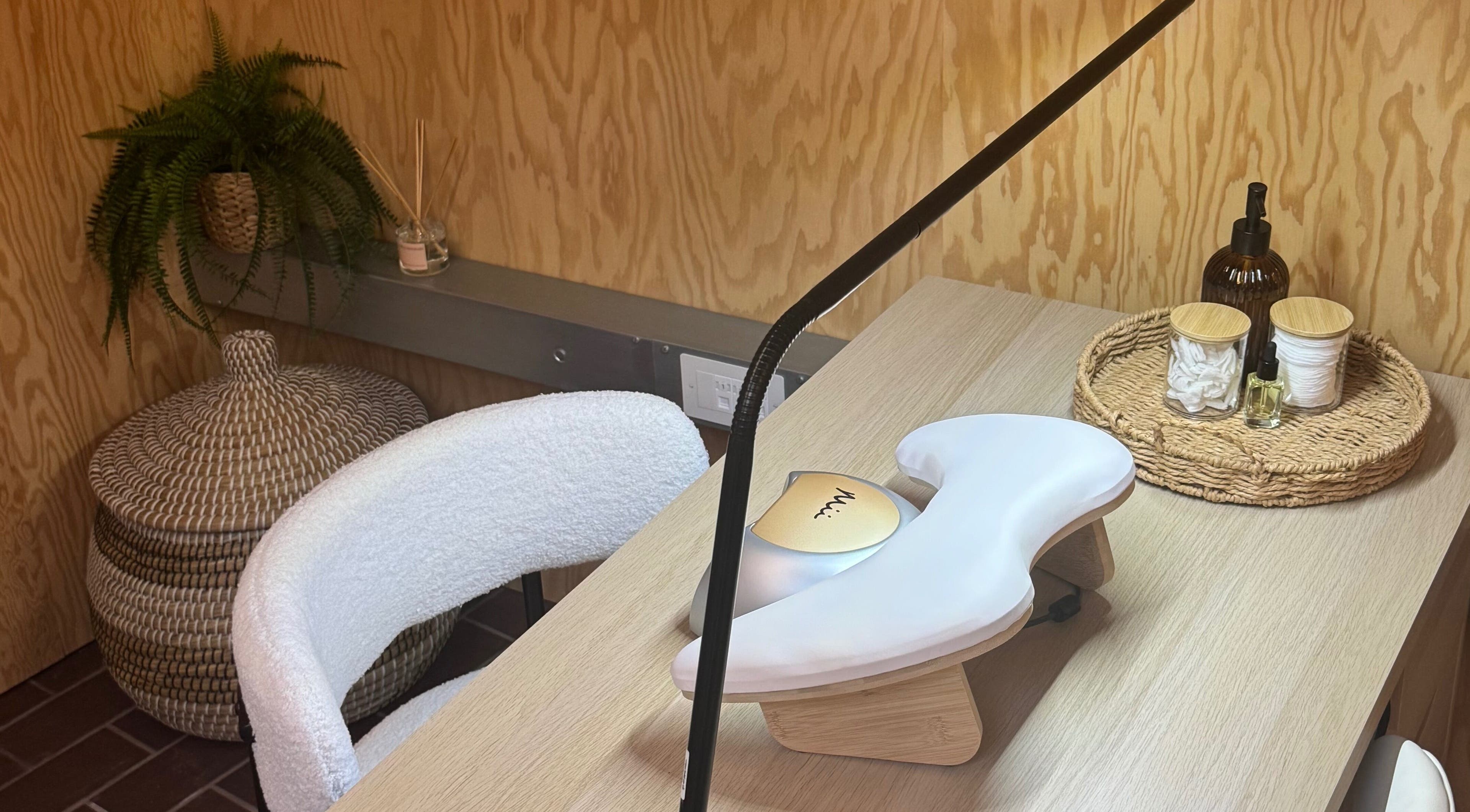 Calming nail spa setup at The Beauty Studio in Peterborough, England, GB with decor and nail equipment.