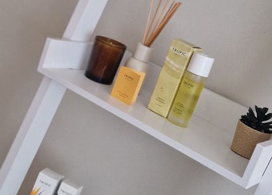 Beauty products on a shelf at Soul Serenity Beauty & Wellness, Newborough, England, GB.