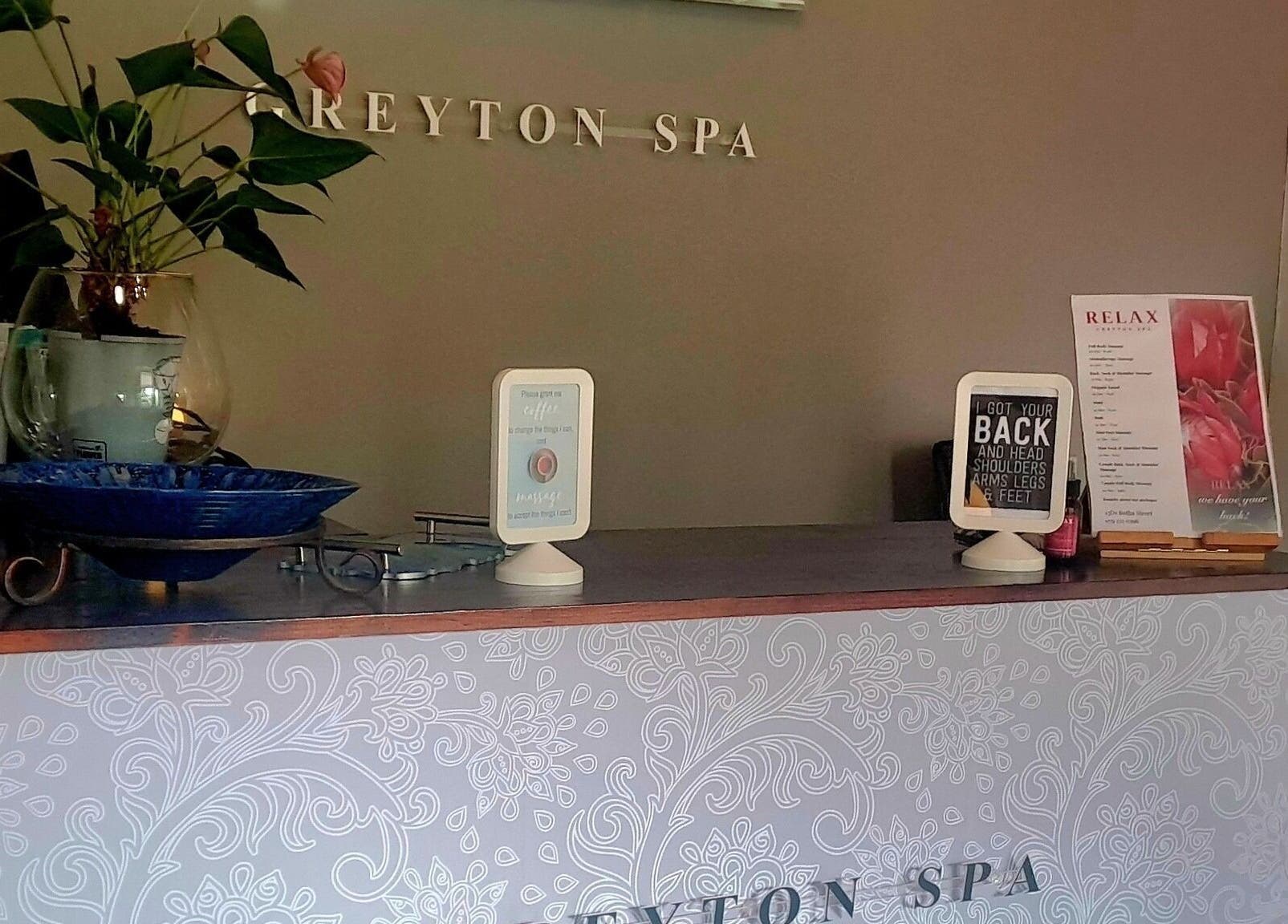 Reception at Relax Greyton Spa, Greyton, Western Cape, ZA with elegant decor and soothing ambiance.