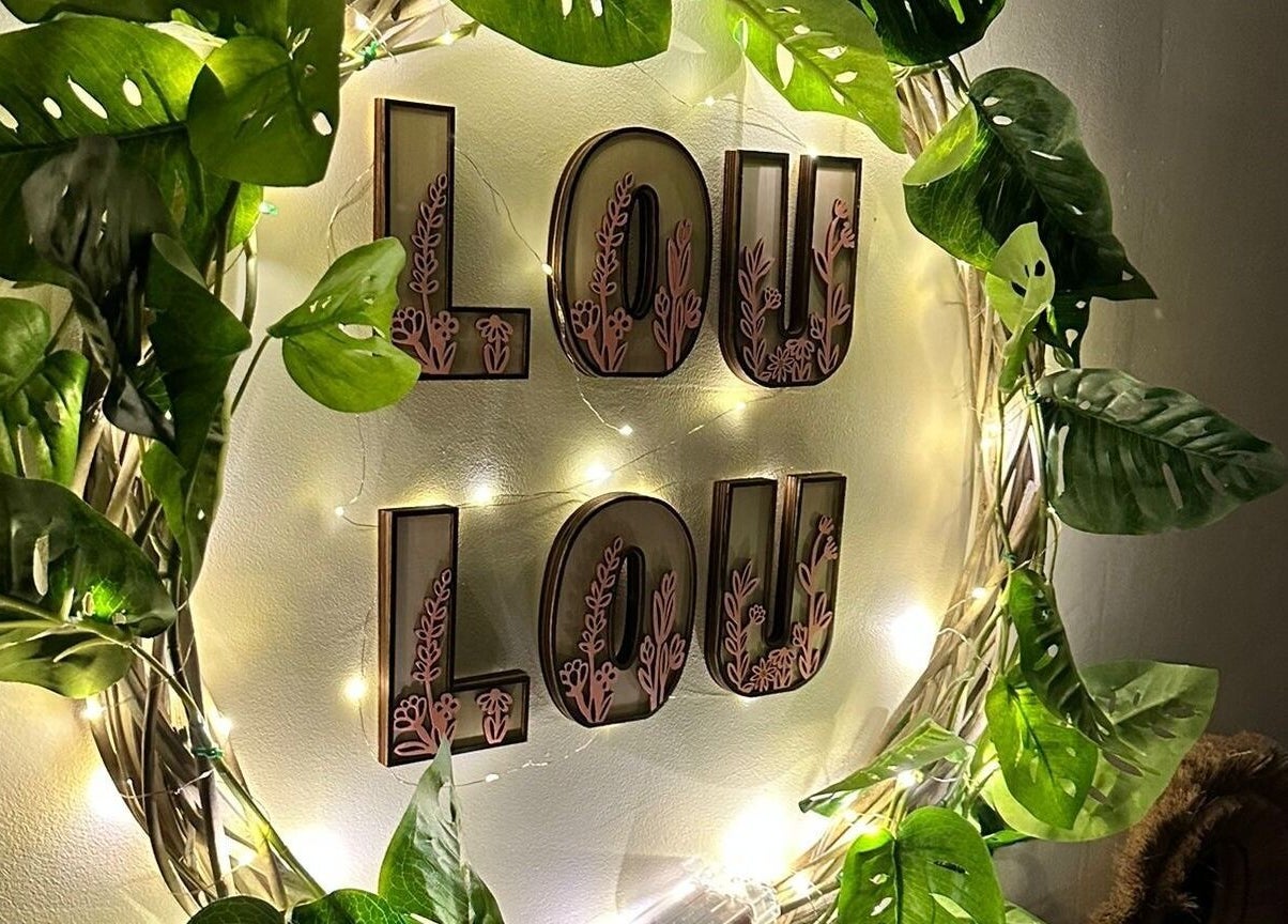 Enseigne Lou Lou entourée de feuillage et éclairée à Aix-en-Provence, Provence-Alpes-Côte d'Azur, FR.