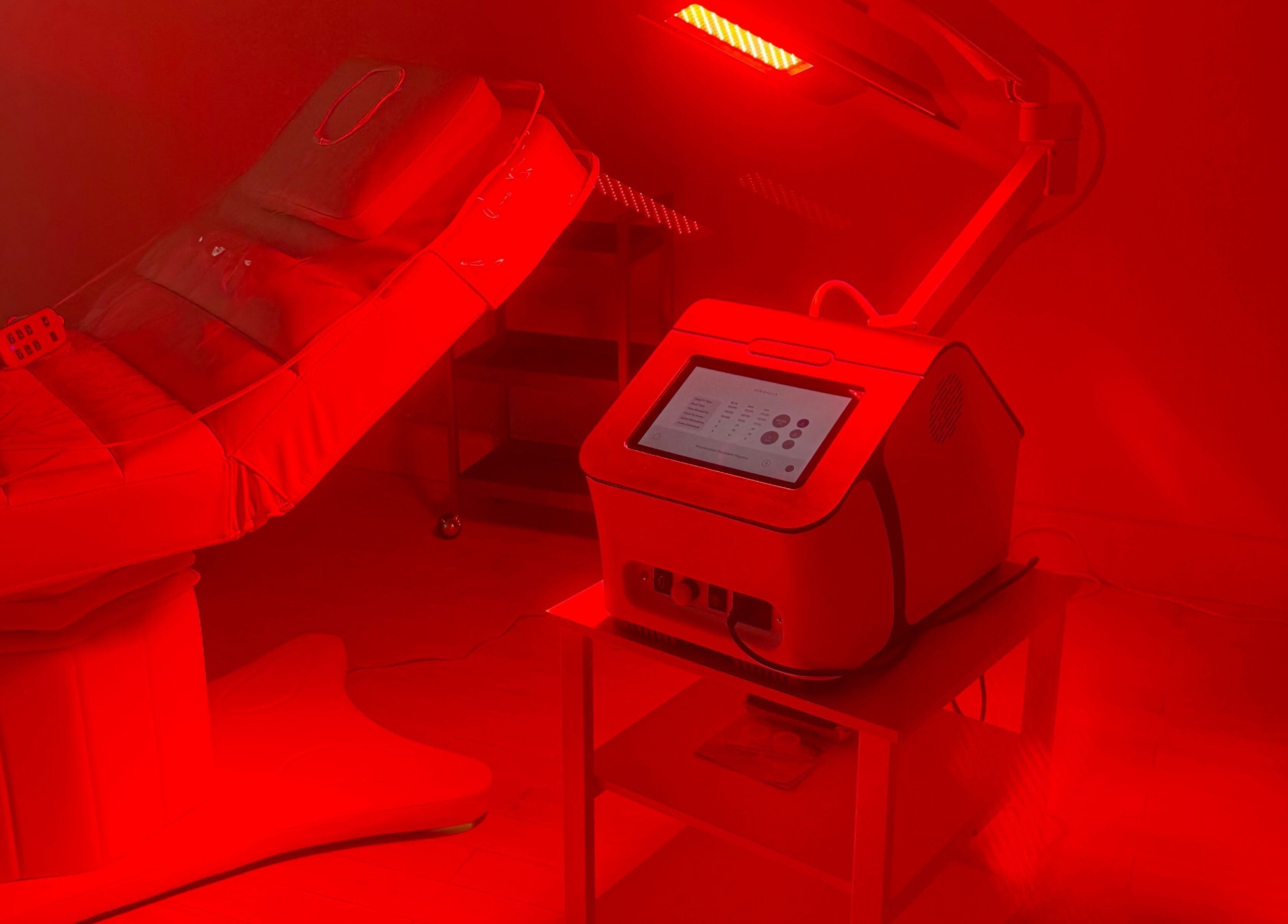 Red light therapy setup at Brock Aesthetics in Bath, England, GB, featuring a modern aesthetic chair.