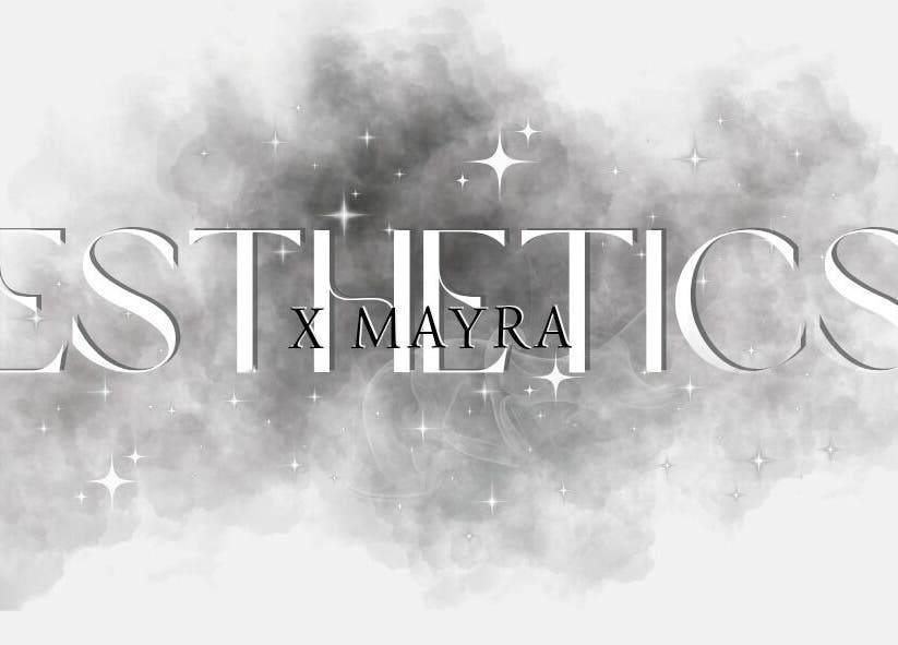 Esthetics X Mayra logo in soft gray hues with shimmering stars, New Caney, Texas, US.