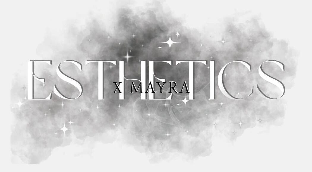 Esthetics X Mayra logo in soft gray hues with shimmering stars, New Caney, Texas, US.