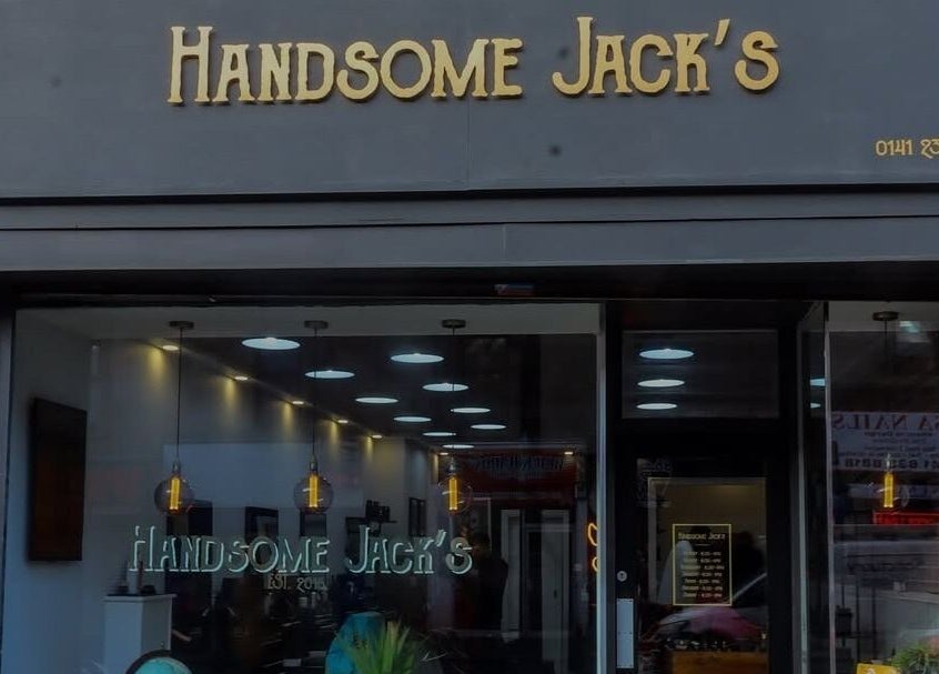 Front view of Handsome Jacks Shawlands in Glasgow, Scotland, GB, showcasing the modern salon entrance.